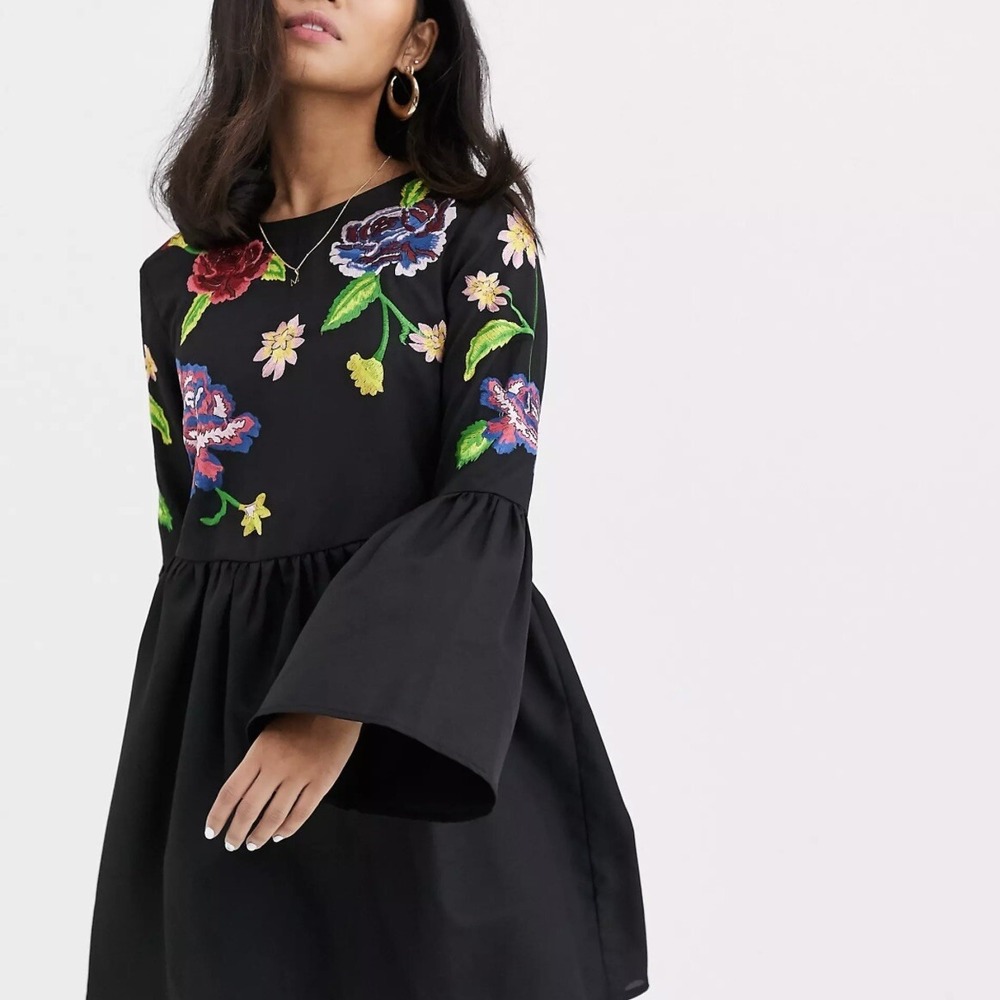 ASOS Black Floral Embroidered Bell Sleeve Smock Mini Dress US 6 Boho Babydoll